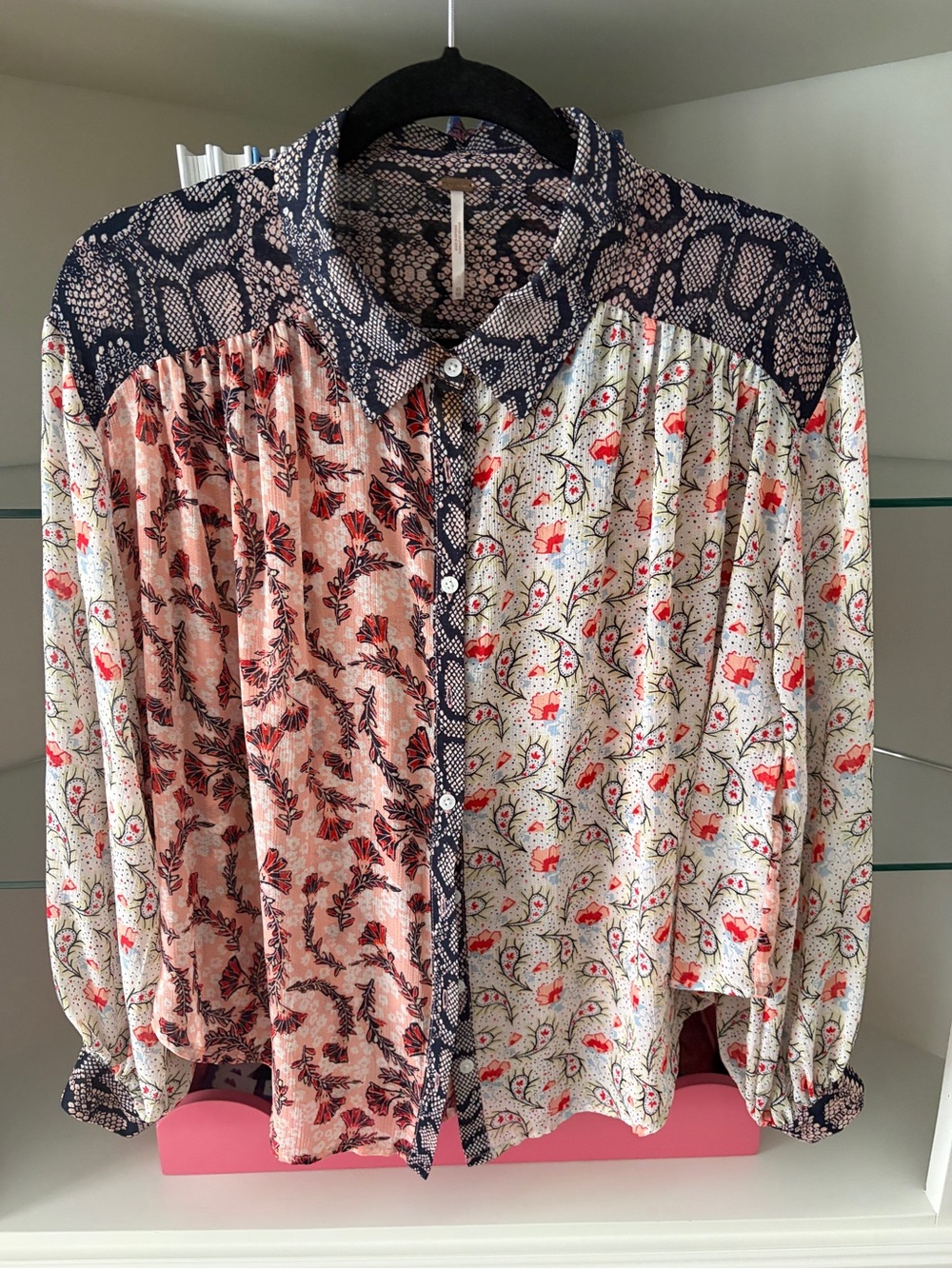 Free People Mixed Floral Button-Down Shirt in Navy, Coral and Cream
